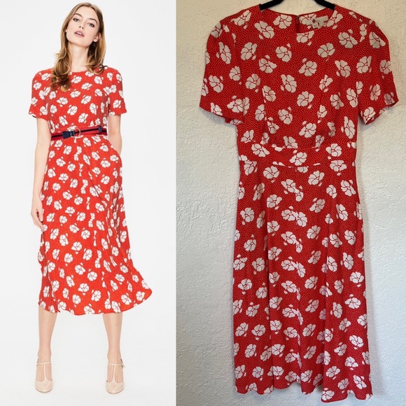 Boden Ruth Rosehip Primrose Floral Midi Dress Red Polka Dot 2R - Picture 2 of 15